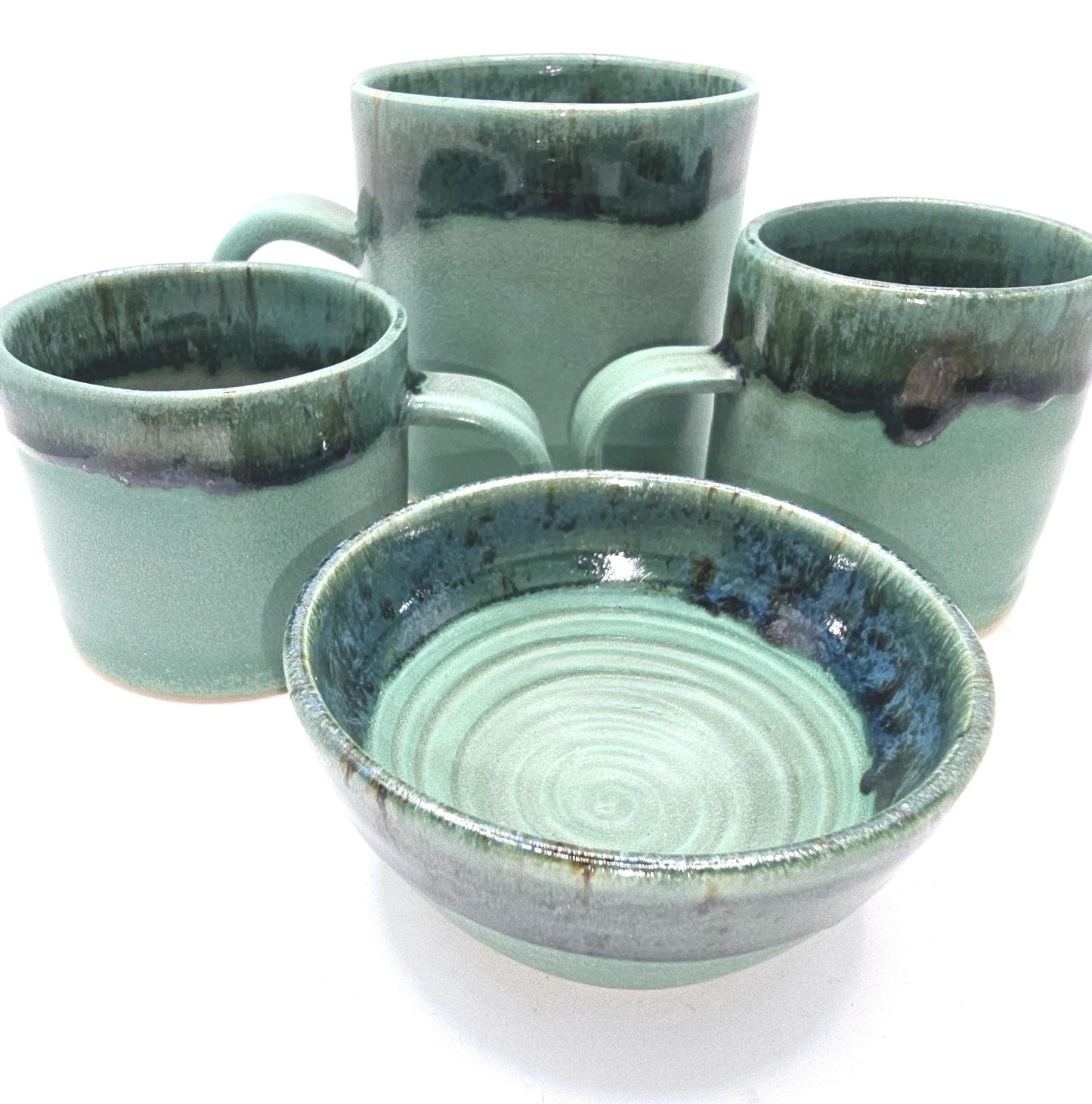 Handmade Ceramic Short 8oz Tea/Coffee Mug. Verdigris & Green Glaze. Stoneware Pottery.