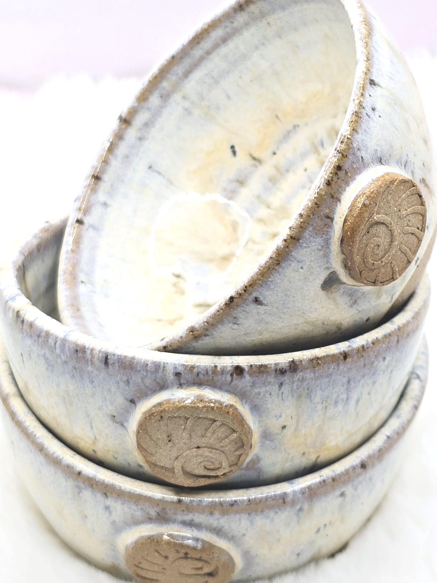 Handmade Ceramic Condiment Bowl/Trinket Dish. Ammonite Sprig. Cream Speckled Glaze. Toasty Stoneware Pottery