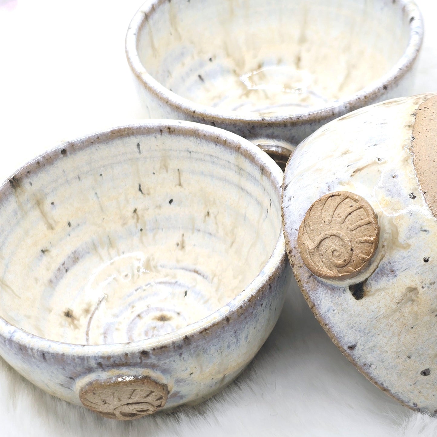Handmade Ceramic Condiment Bowl/Trinket Dish. Ammonite Sprig. Cream Speckled Glaze. Toasty Stoneware Pottery