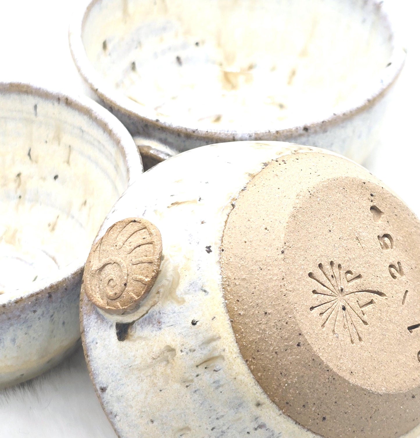 Handmade Ceramic Condiment Bowl/Trinket Dish. Ammonite Sprig. Cream Speckled Glaze. Toasty Stoneware Pottery