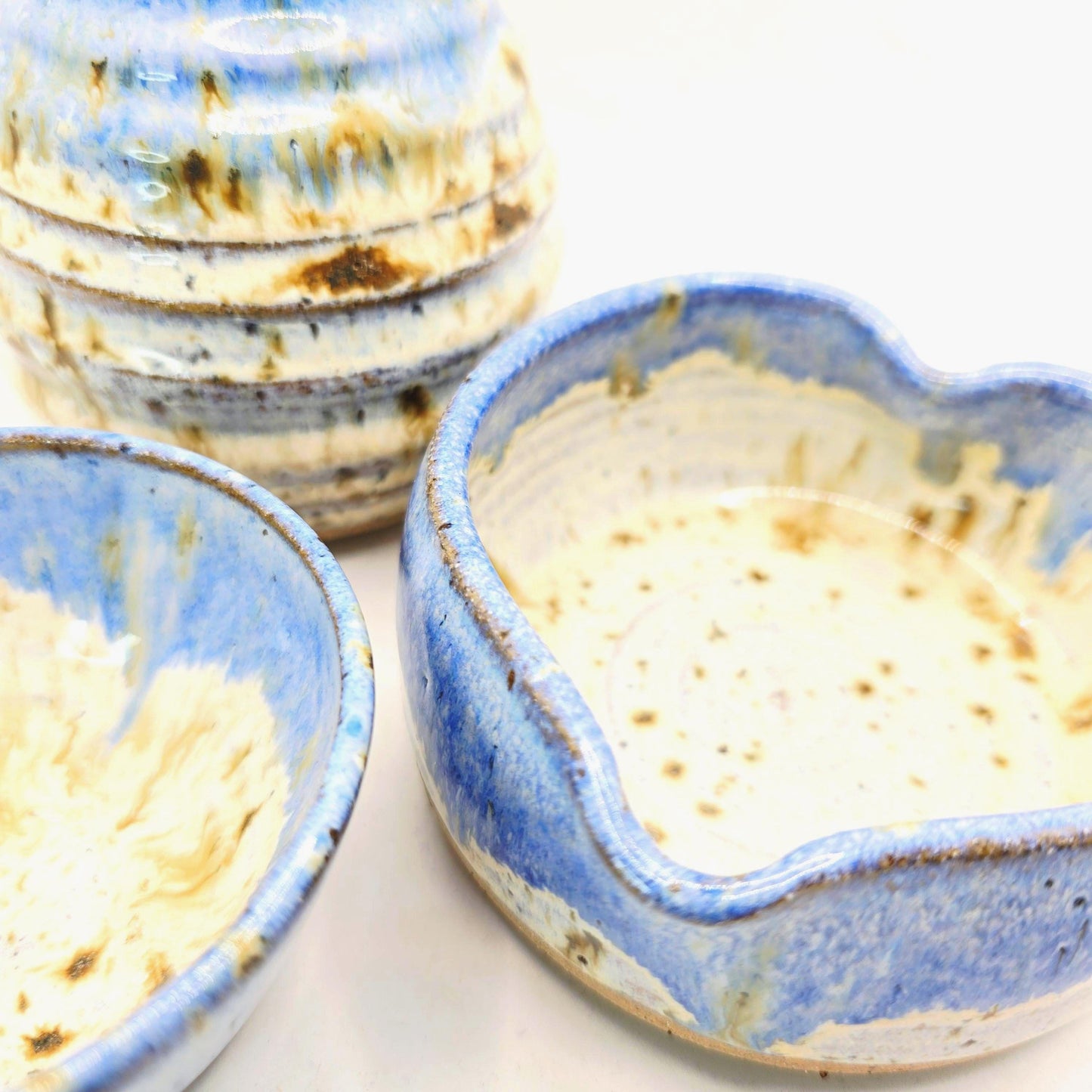 Handmade Ceramic Heart Trinket Dish: Blue & Cream Glaze. Speckled Stoneware Pottery