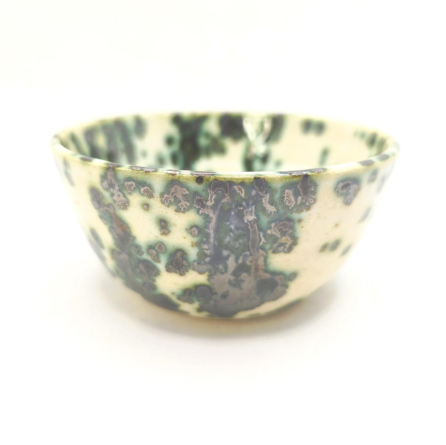 Handmade Ceramic  Condiment Bowl/ Trinket Dish. Green & Cream Spatter Glaze. White Stoneware Pottery