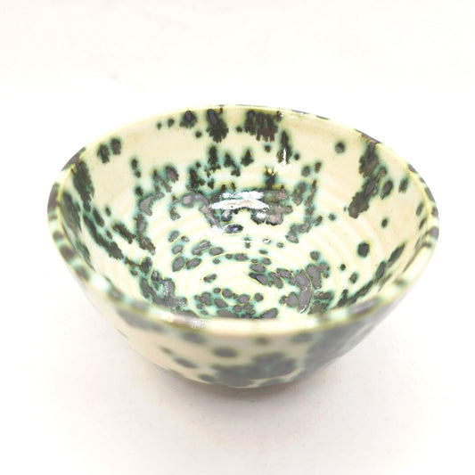 Handmade Ceramic  Condiment Bowl/ Trinket Dish. Green & Cream Spatter Glaze. White Stoneware Pottery