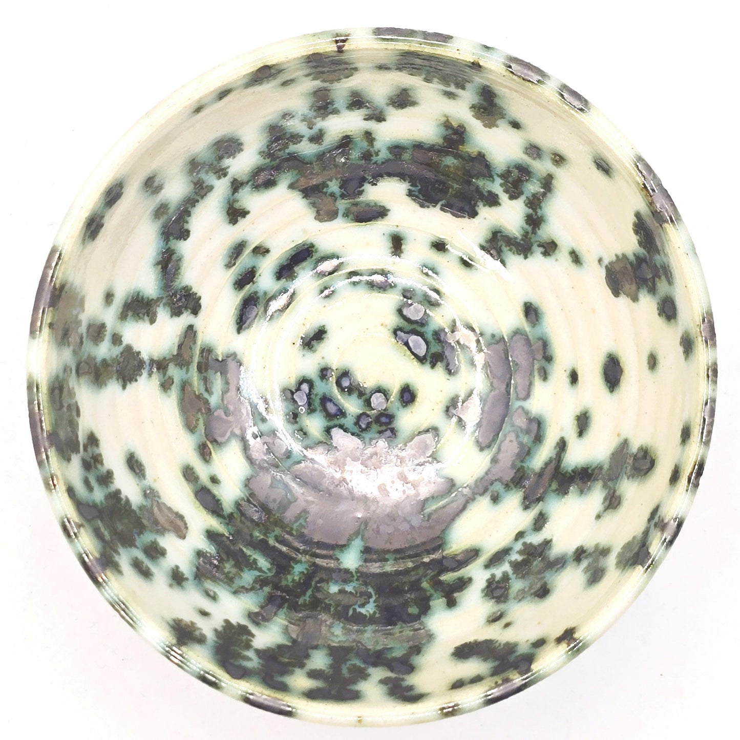 Handmade Ceramic  Condiment Bowl/ Trinket Dish. Green & Cream Spatter Glaze. White Stoneware Pottery