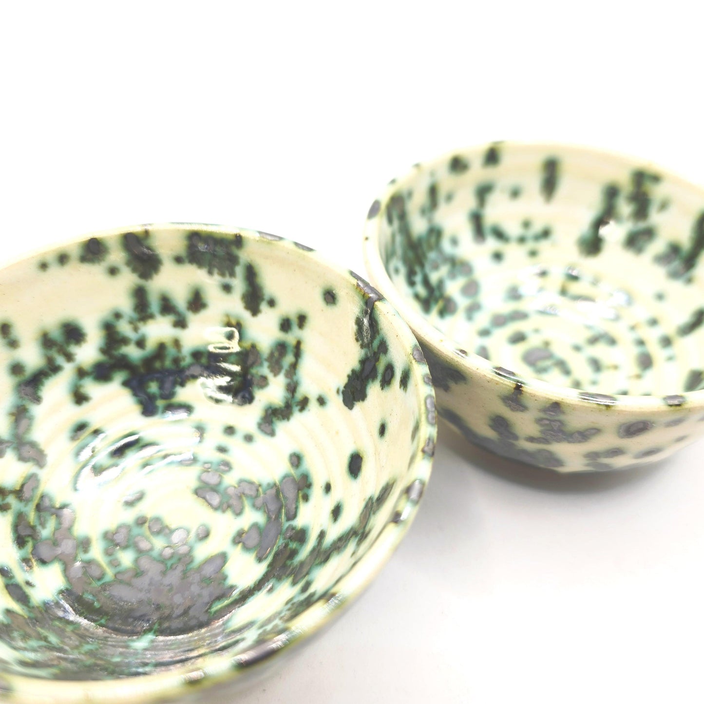 Handmade Ceramic  Condiment Bowl/ Trinket Dish. Green & Cream Spatter Glaze. White Stoneware Pottery