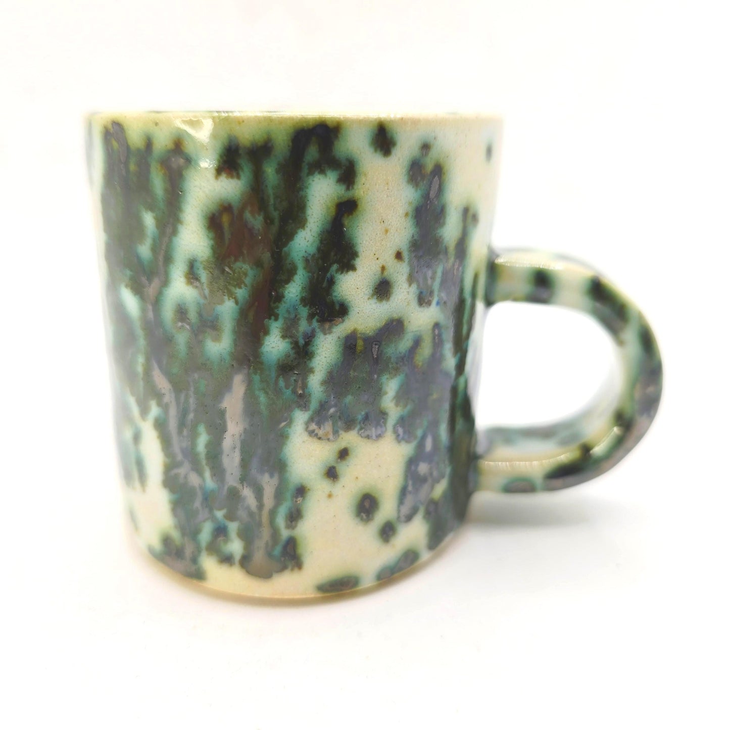 Handmade Ceramic 4oz Double Espresso Mug. White & Green Splatter Glaze. Stoneware Pottery