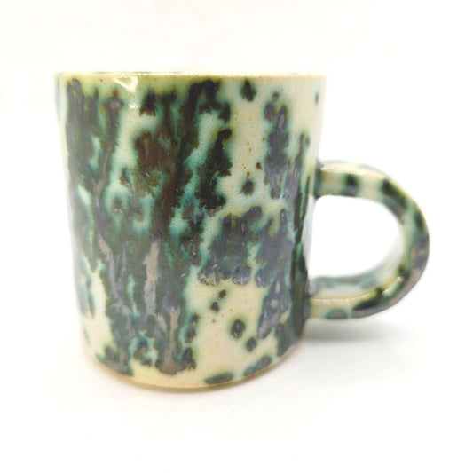 Handmade Ceramic 4oz Double Espresso Mug. White & Green Splatter Glaze. Stoneware Pottery