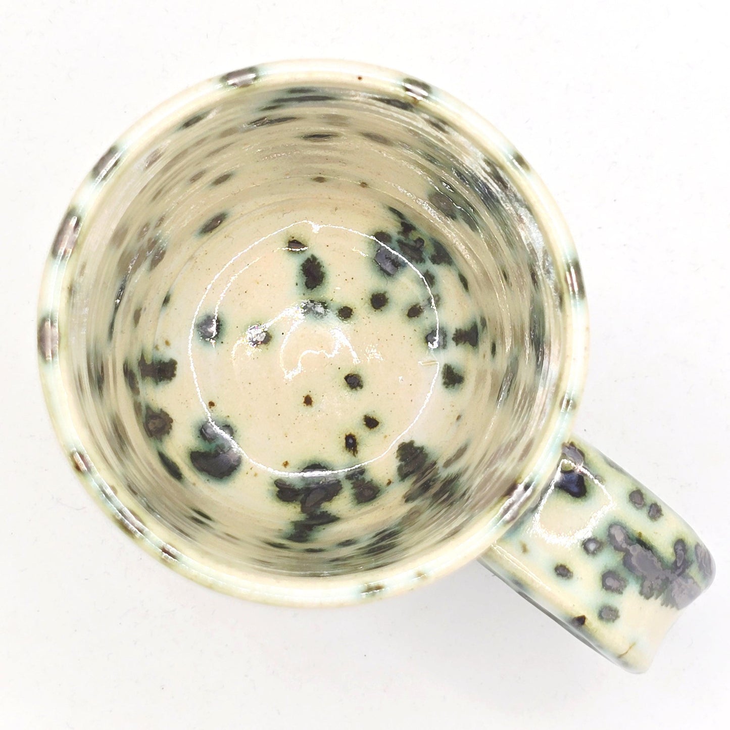 Handmade Ceramic 4oz Double Espresso Mug. White & Green Splatter Glaze. Stoneware Pottery