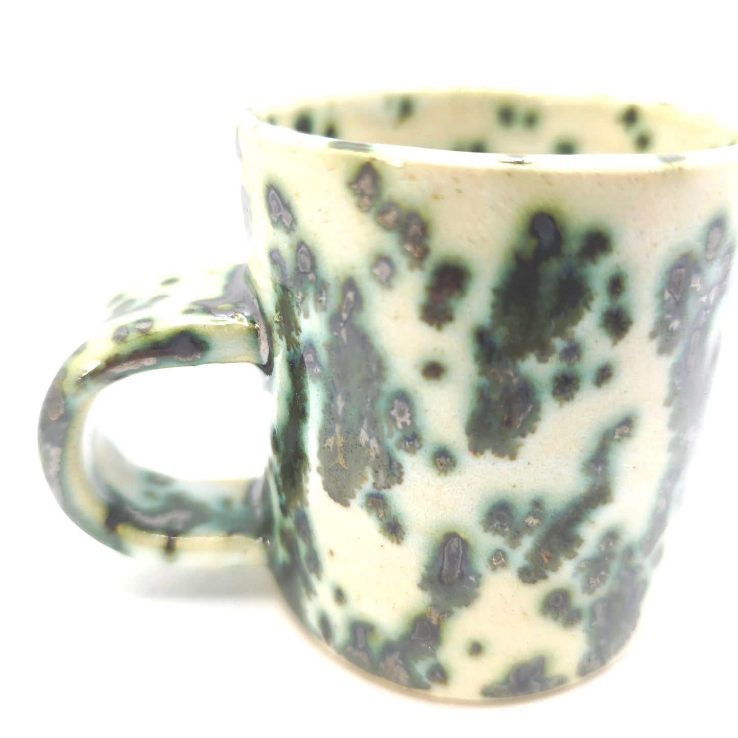 Handmade Ceramic 4oz Double Espresso Mug. White & Green Splatter Glaze. Stoneware Pottery