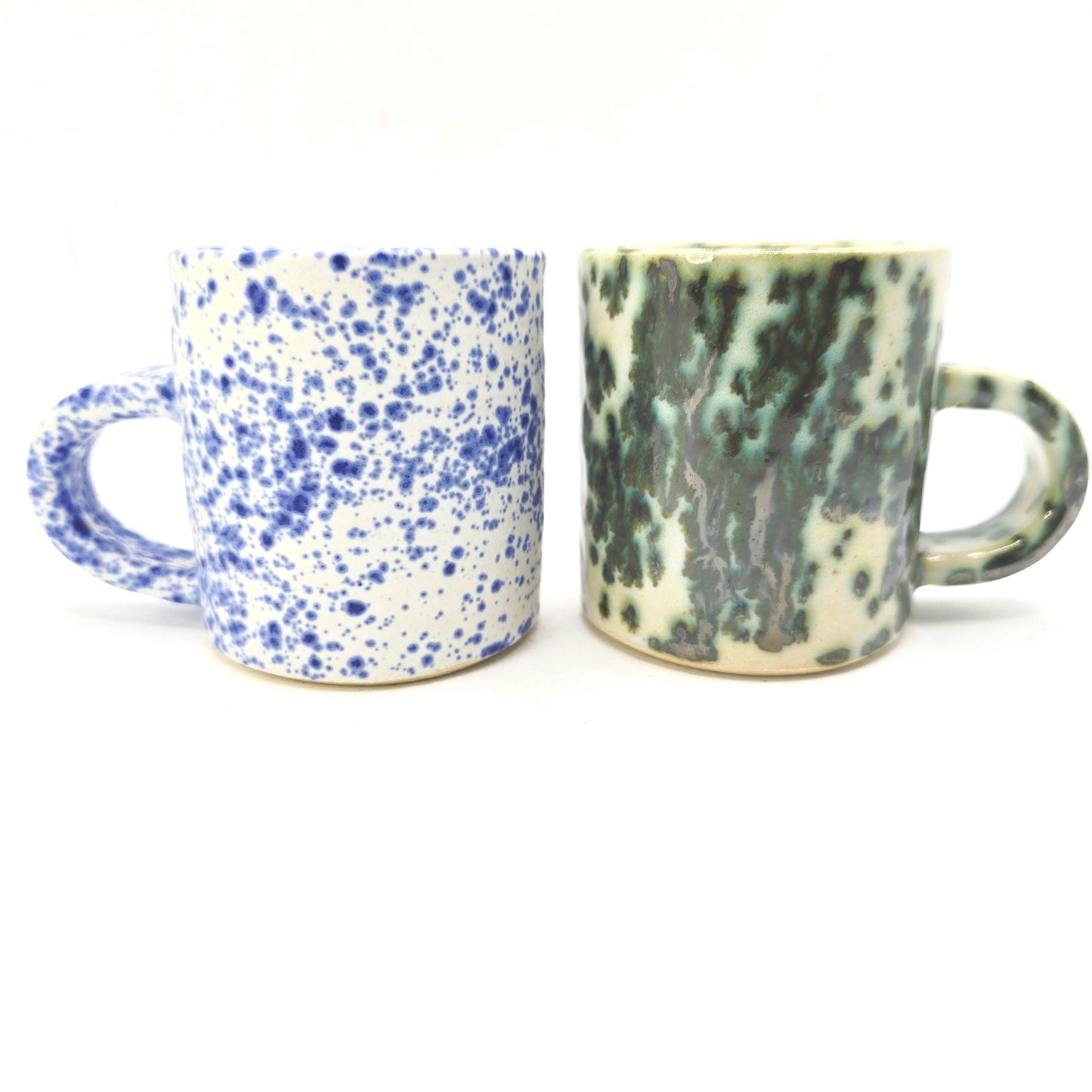 Handmade Ceramic 4oz Double Espresso Mug. Blue & White Splatter Glaze. Stoneware Pottery.