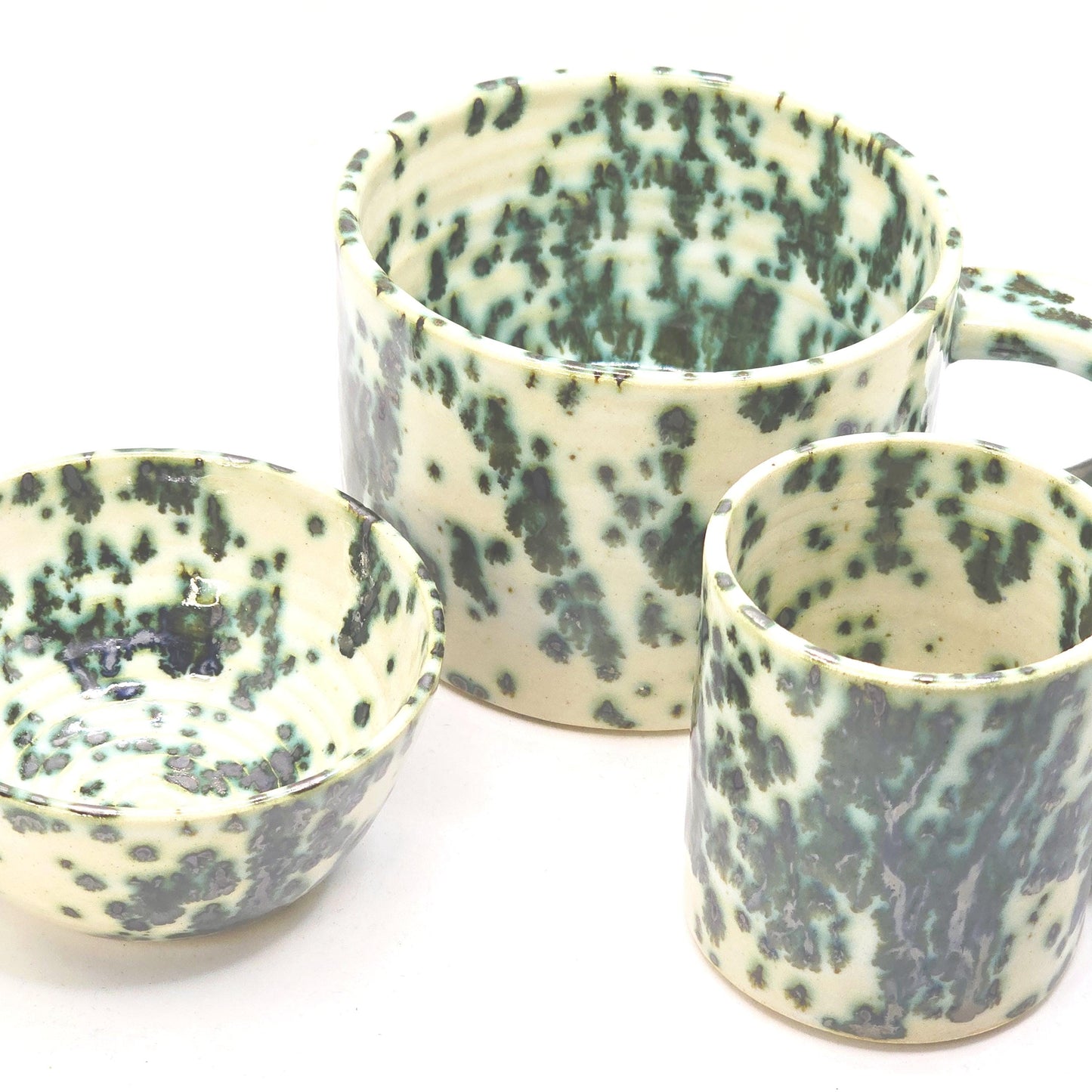 Handmade Ceramic 4oz Double Espresso Mug. White & Green Splatter Glaze. Stoneware Pottery
