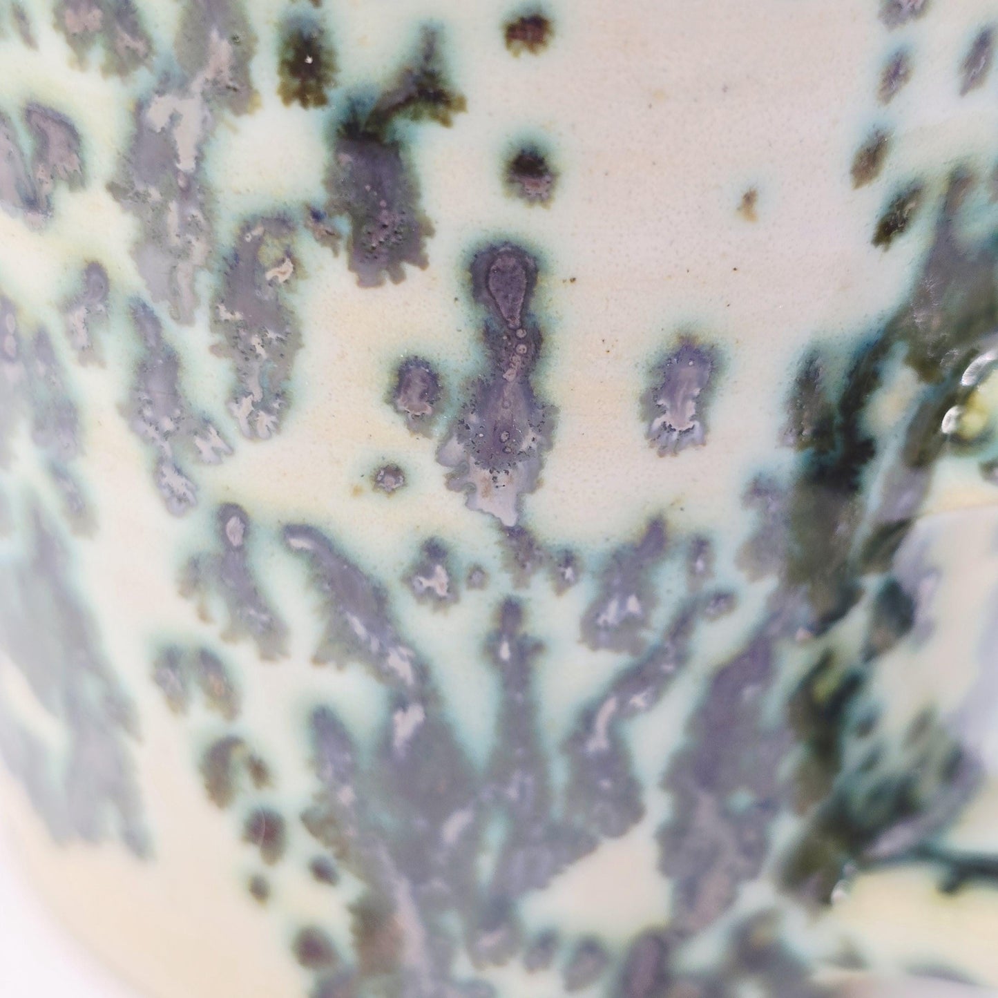 Handmade Ceramic 8oz Tea / Coffee Mug.  Cream & Green Splatter Glaze. Stoneware Pottery