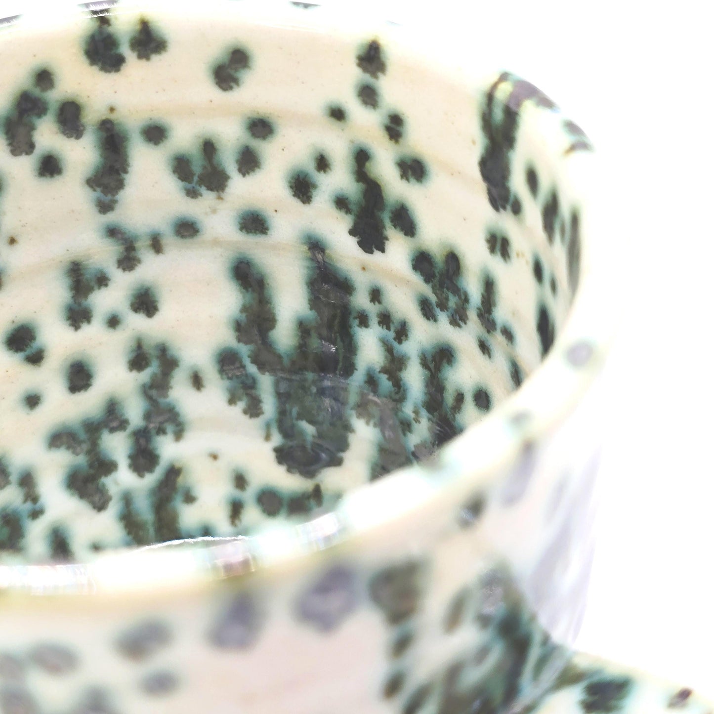 Handmade Ceramic 8oz Tea / Coffee Mug.  Cream & Green Splatter Glaze. Stoneware Pottery