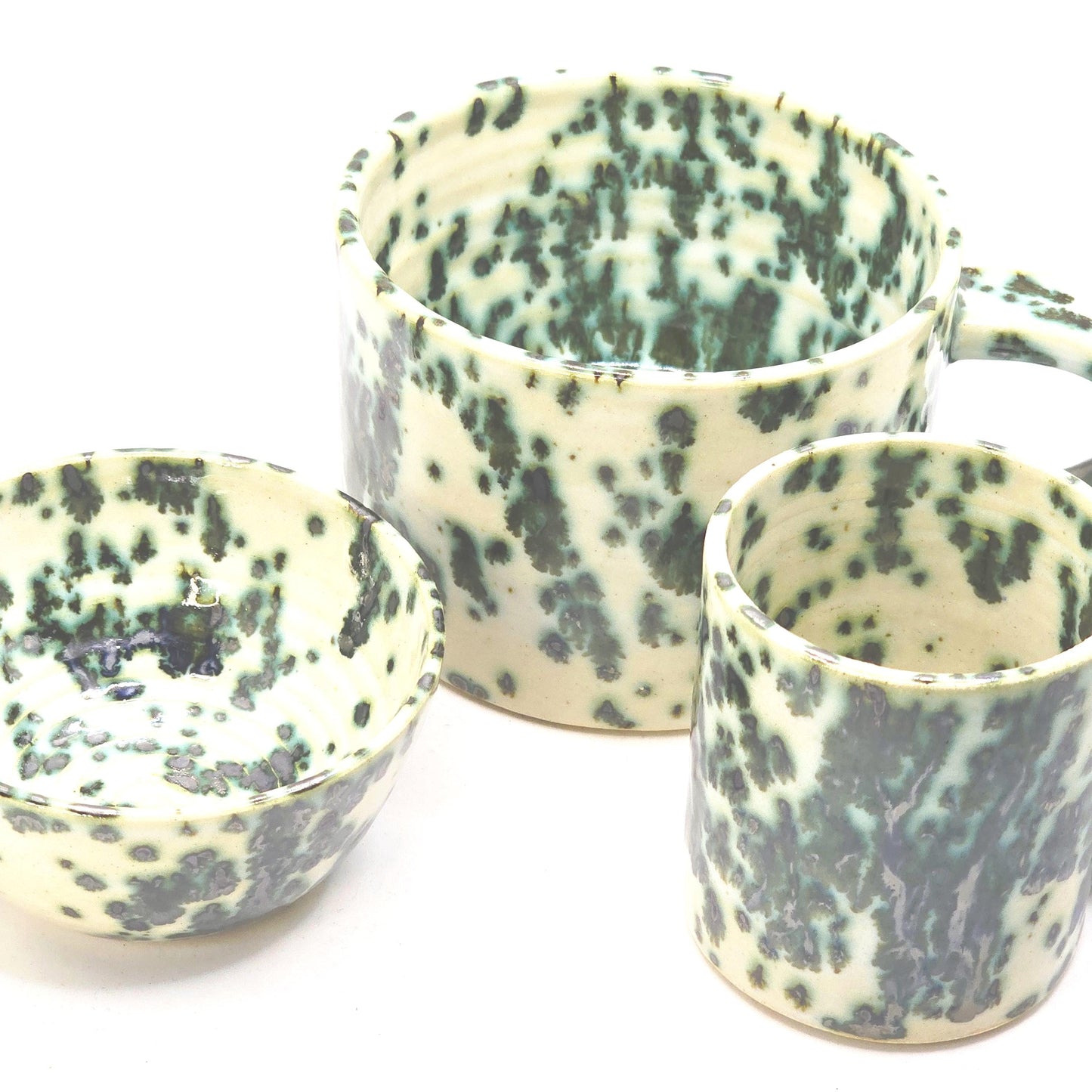 Handmade Ceramic 8oz Tea / Coffee Mug.  Cream & Green Splatter Glaze. Stoneware Pottery