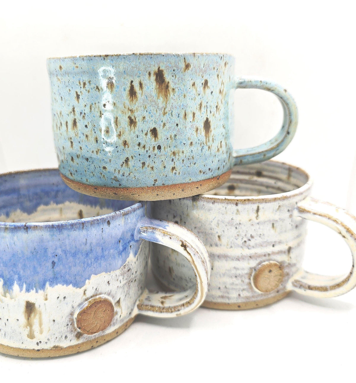 Handmade Ceramic 14oz Cappuccino Coffee Mug. Cream & Blue Speckled Glaze. Toasty Stoneware Pottery.