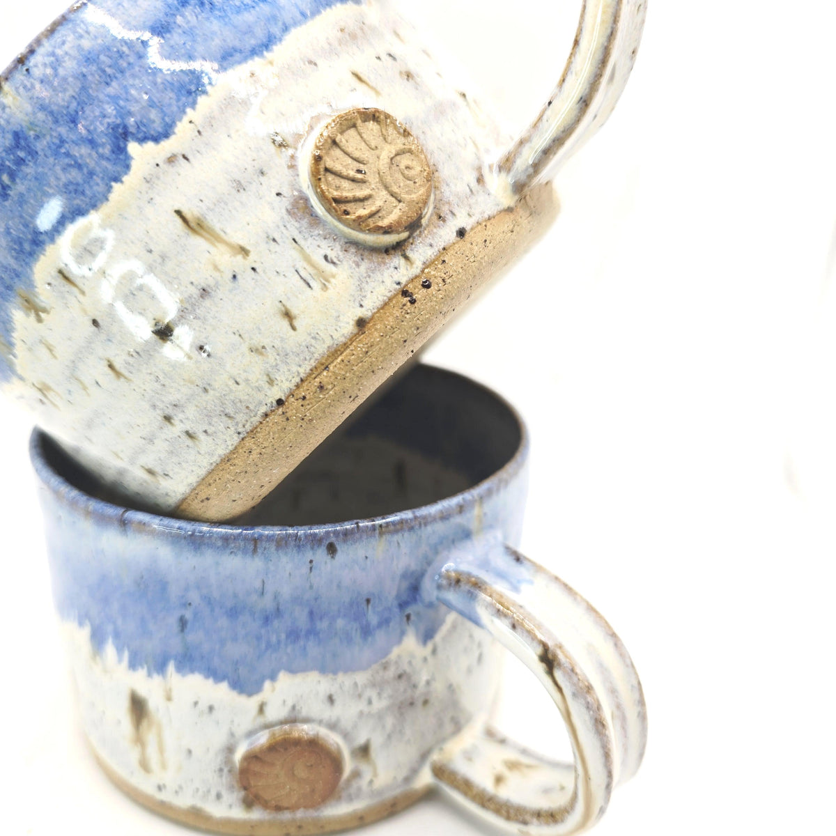 Handmade Ceramic 14oz Cappuccino Coffee Mug. Cream & Blue Speckled Glaze. Toasty Stoneware Pottery.