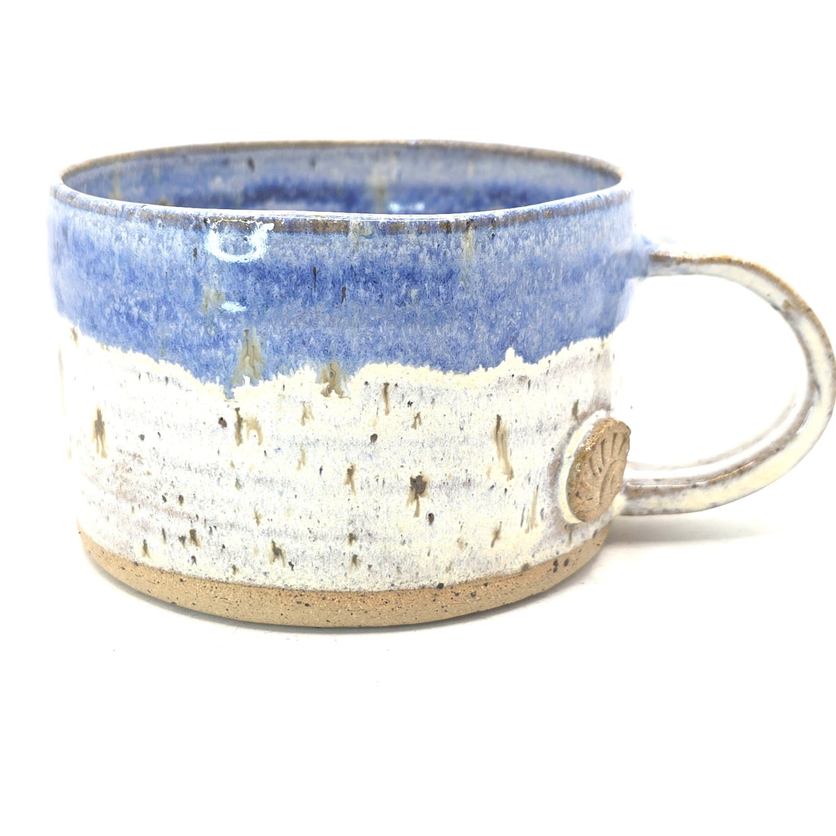 Handmade Ceramic 14oz Cappuccino Coffee Mug. Cream & Blue Speckled Glaze. Toasty Stoneware Pottery.