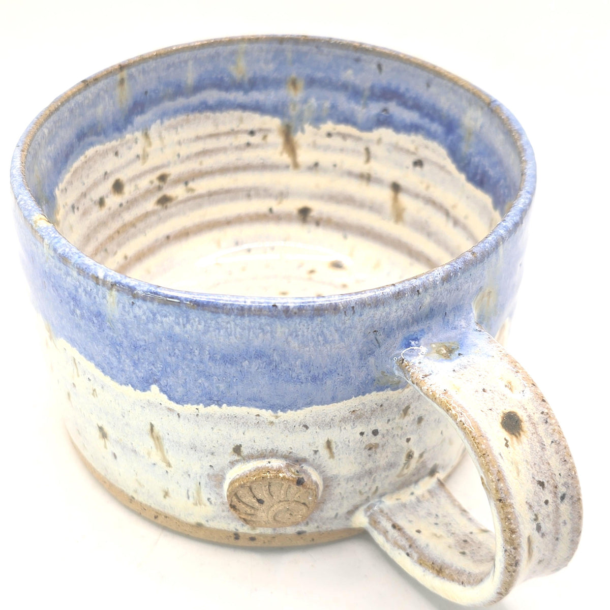 Handmade Ceramic 14oz Cappuccino Coffee Mug. Cream & Blue Speckled Glaze. Toasty Stoneware Pottery.