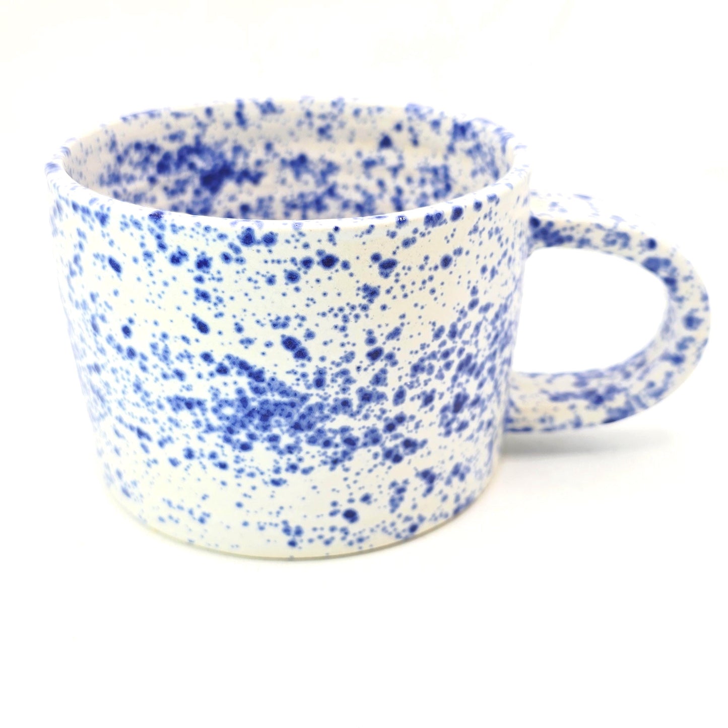Handmade Ceramic 8oz Tea / Coffee Mug. Blue & White Splatter Glaze, Stoneware Pottery.