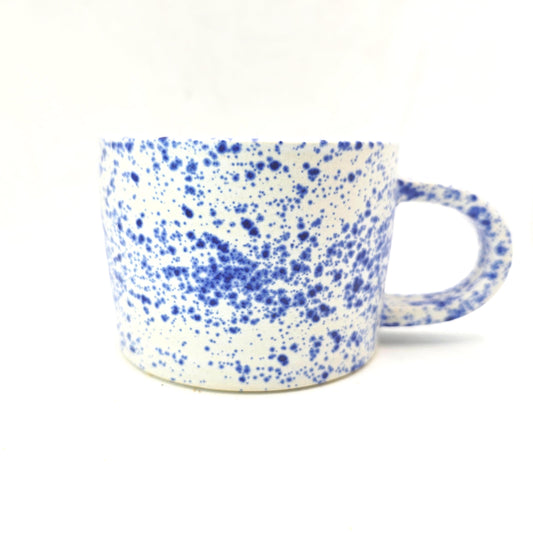 Handmade Ceramic 8oz Tea / Coffee Mug. Blue & White Splatter Glaze, Stoneware Pottery.