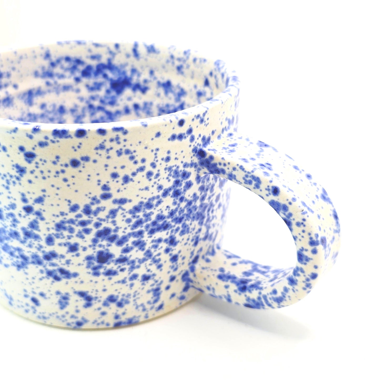 Handmade Ceramic 8oz Tea / Coffee Mug. Blue & White Splatter Glaze, Stoneware Pottery.