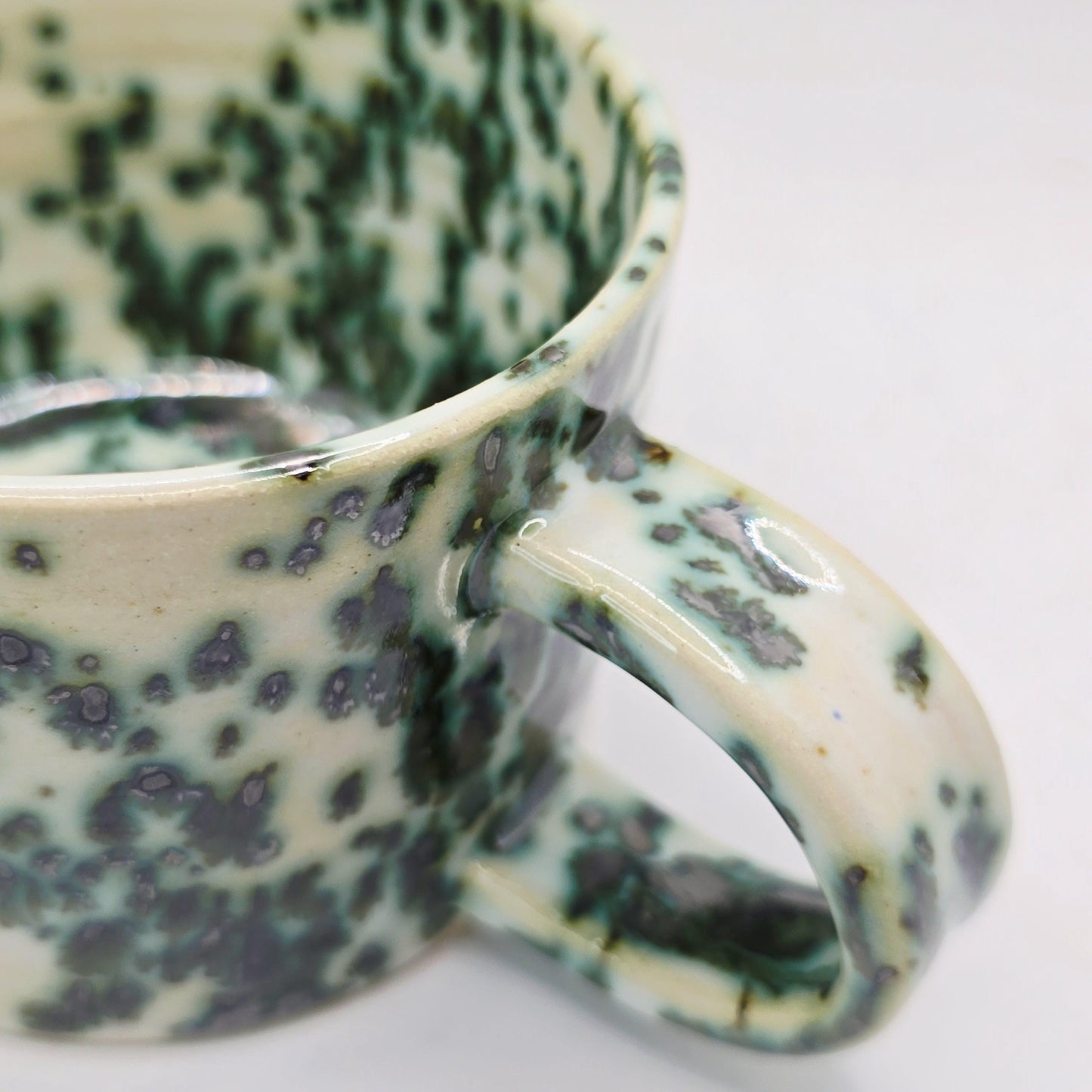 Handmade Ceramic 8oz Coffee Mug: Cream & Green Splatter Glaze. Stoneware Pottery