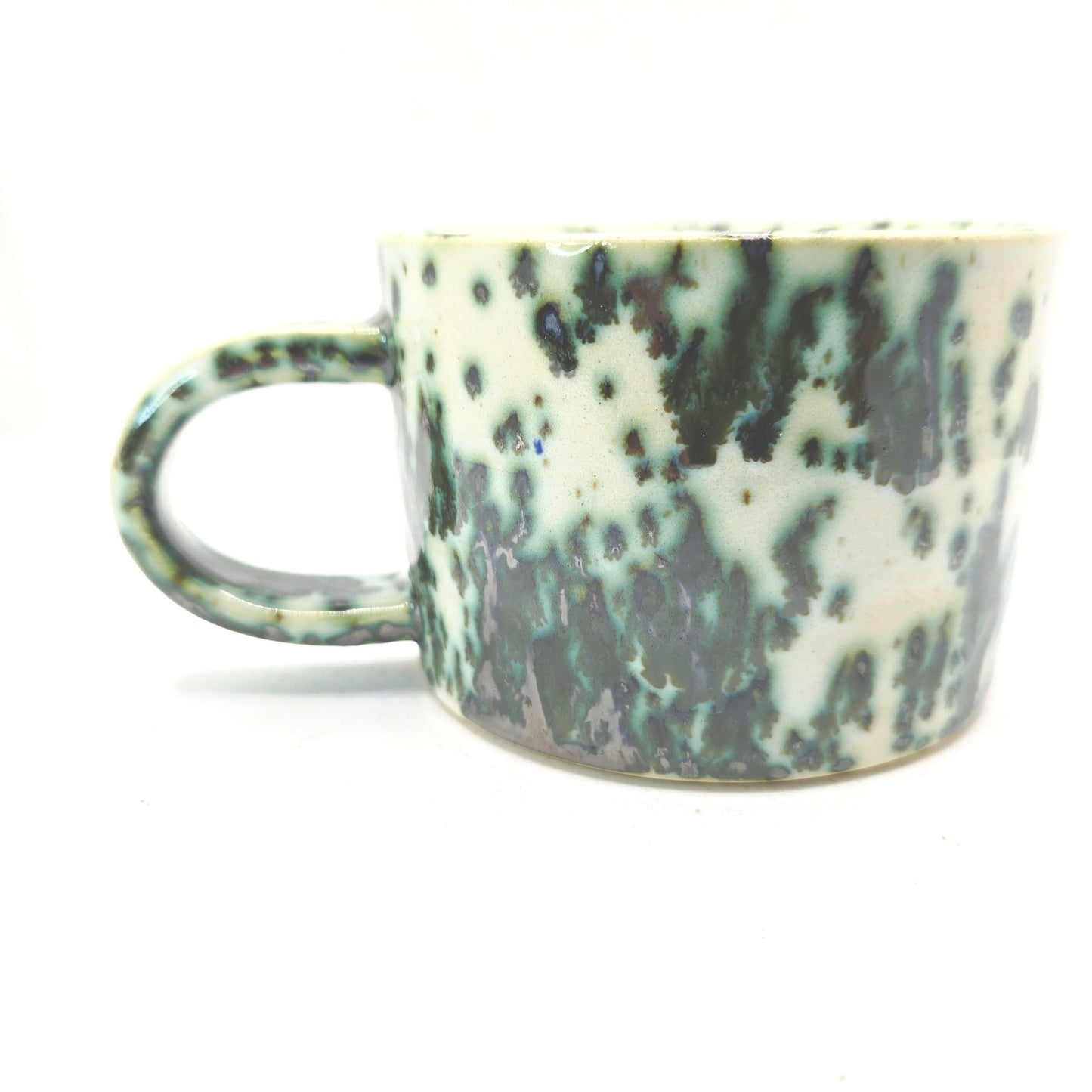 Handmade Ceramic 8oz Coffee Mug: Cream & Green Splatter Glaze. Stoneware Pottery