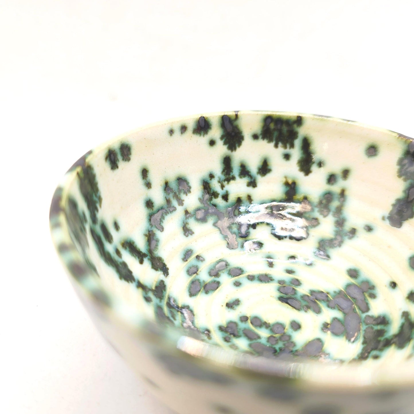 Handmade Ceramic  Condiment Bowl/ Trinket Dish. Green & Cream Spatter Glaze. White Stoneware Pottery