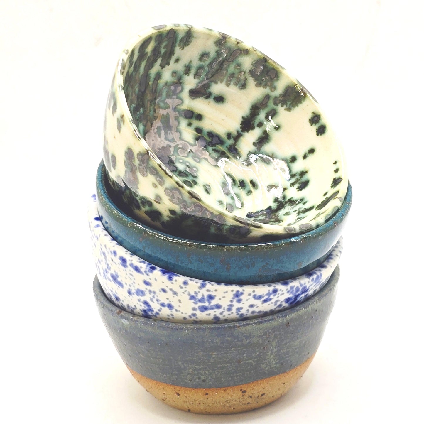 Handmade Ceramic  Condiment Bowl/ Trinket Dish. Green & Cream Spatter Glaze. White Stoneware Pottery