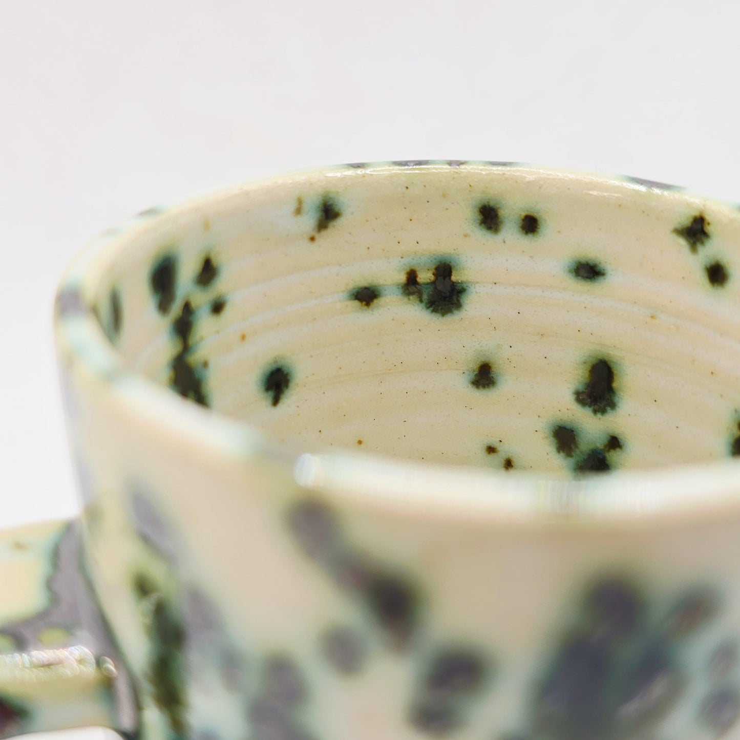 Handmade Ceramic 4oz Double Espresso Mug. White & Green Splatter Glaze. Stoneware Pottery