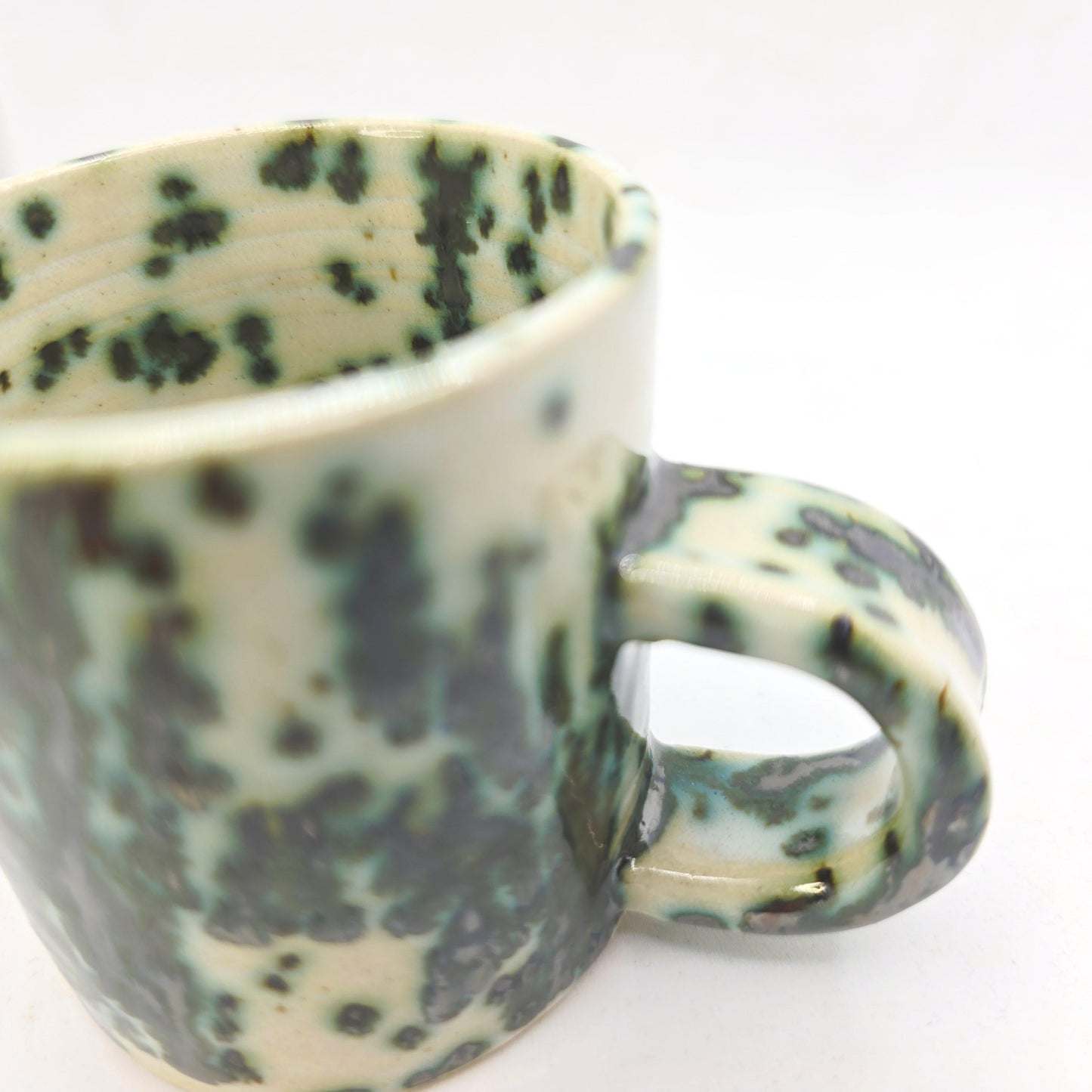 Handmade Ceramic 4oz Double Espresso Mug. White & Green Splatter Glaze. Stoneware Pottery