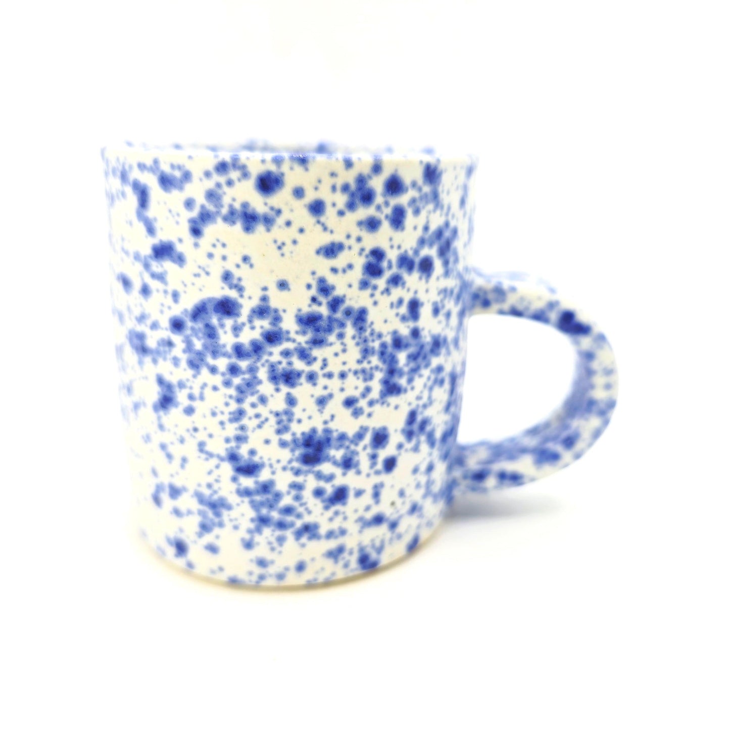 Handmade Ceramic 4oz Double Espresso Mug. Blue & White Splatter Glaze. Stoneware Pottery.