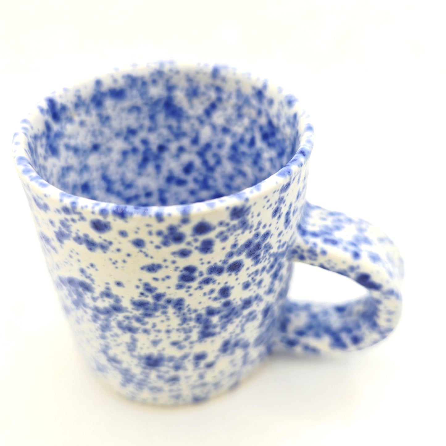 Handmade Ceramic 4oz Double Espresso Mug. Blue & White Splatter Glaze. Stoneware Pottery.