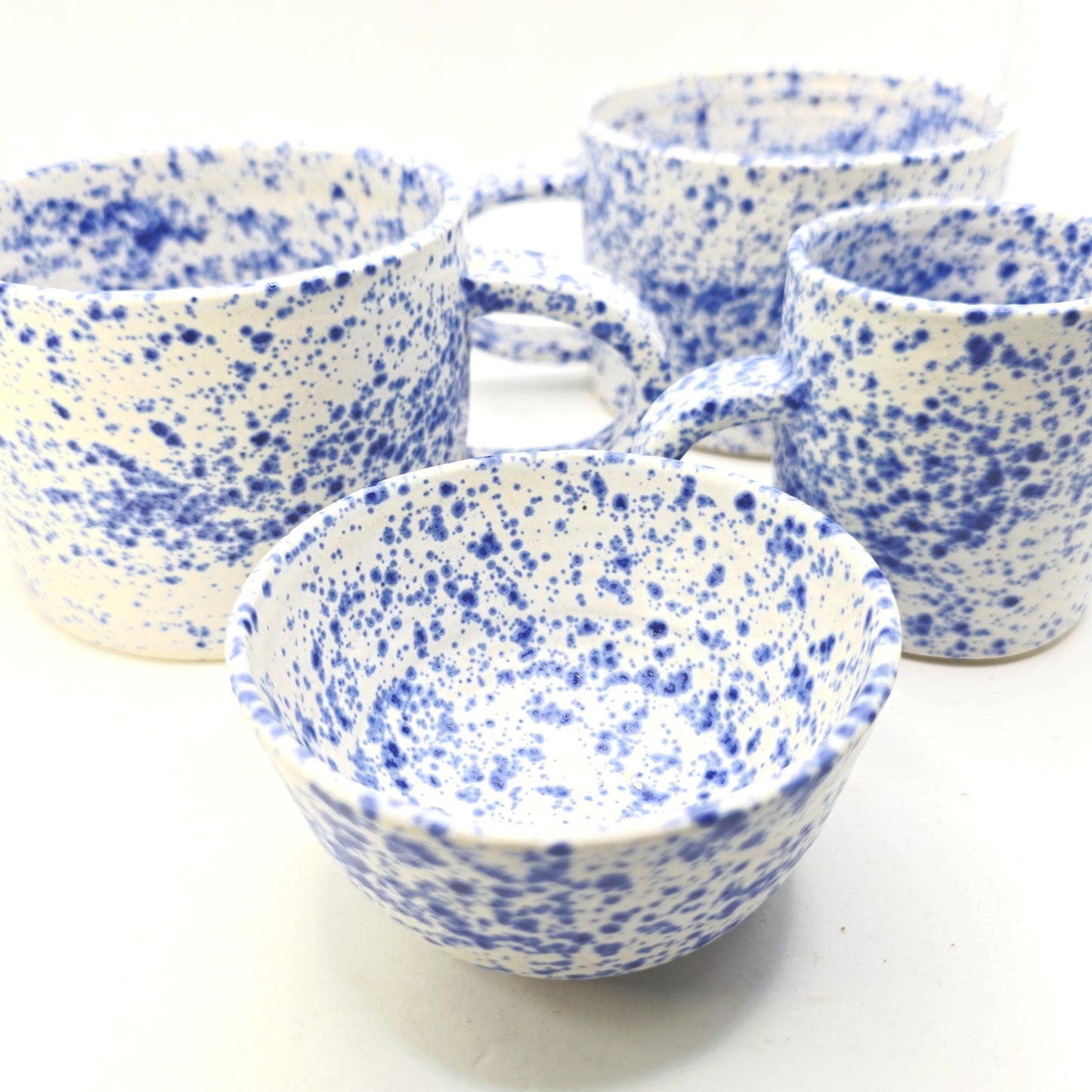 Handmade Ceramic 4oz Double Espresso Mug. Blue & White Splatter Glaze. Stoneware Pottery.