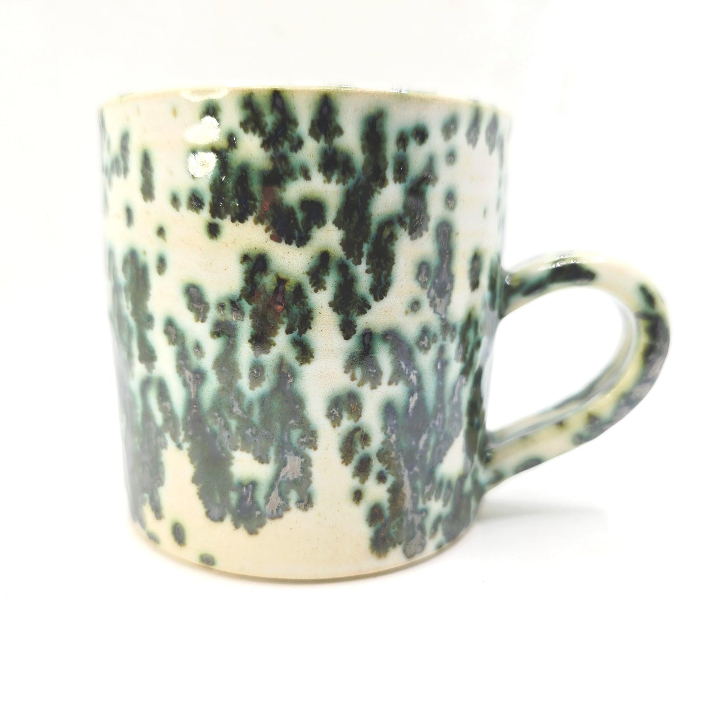 Handmade Ceramic 8oz Tea / Coffee Mug.  Cream & Green Splatter Glaze. Stoneware Pottery