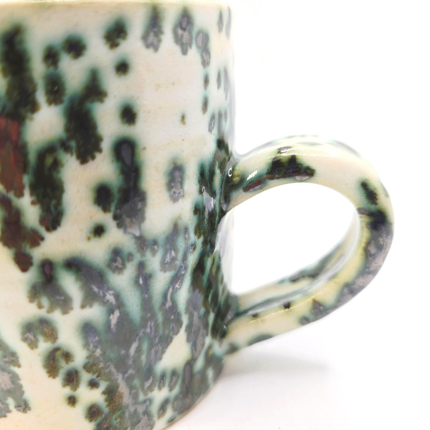 Handmade Ceramic 8oz Tea / Coffee Mug.  Cream & Green Splatter Glaze. Stoneware Pottery