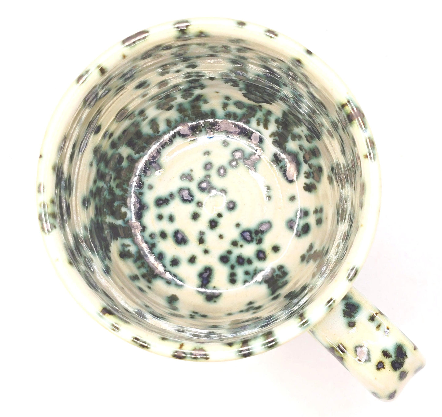 Handmade Ceramic 8oz Tea / Coffee Mug.  Cream & Green Splatter Glaze. Stoneware Pottery