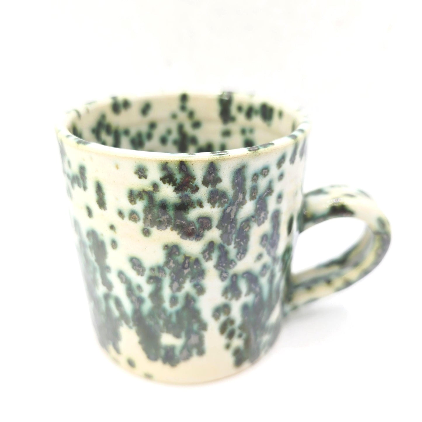Handmade Ceramic 8oz Tea / Coffee Mug.  Cream & Green Splatter Glaze. Stoneware Pottery
