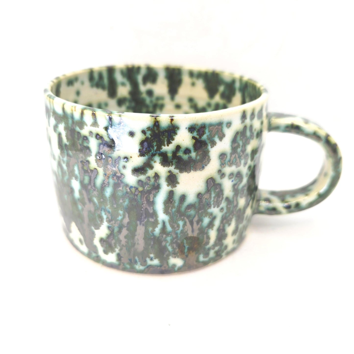 Handmade Ceramic 14oz Cappuccino Mug, Green & Cream Splatter Glaze. Stoneware Pottery.