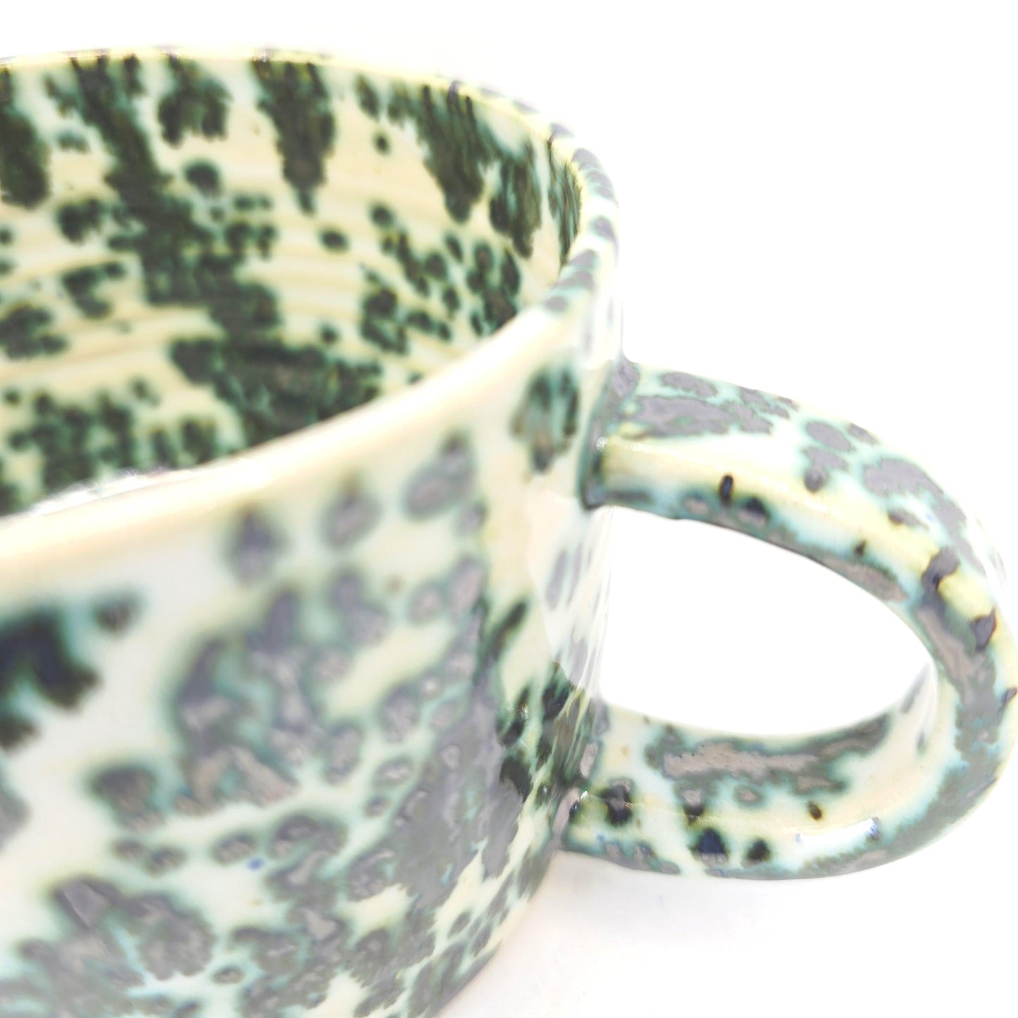 Handmade Ceramic 14oz Cappuccino Mug, Green & Cream Splatter Glaze. Stoneware Pottery.