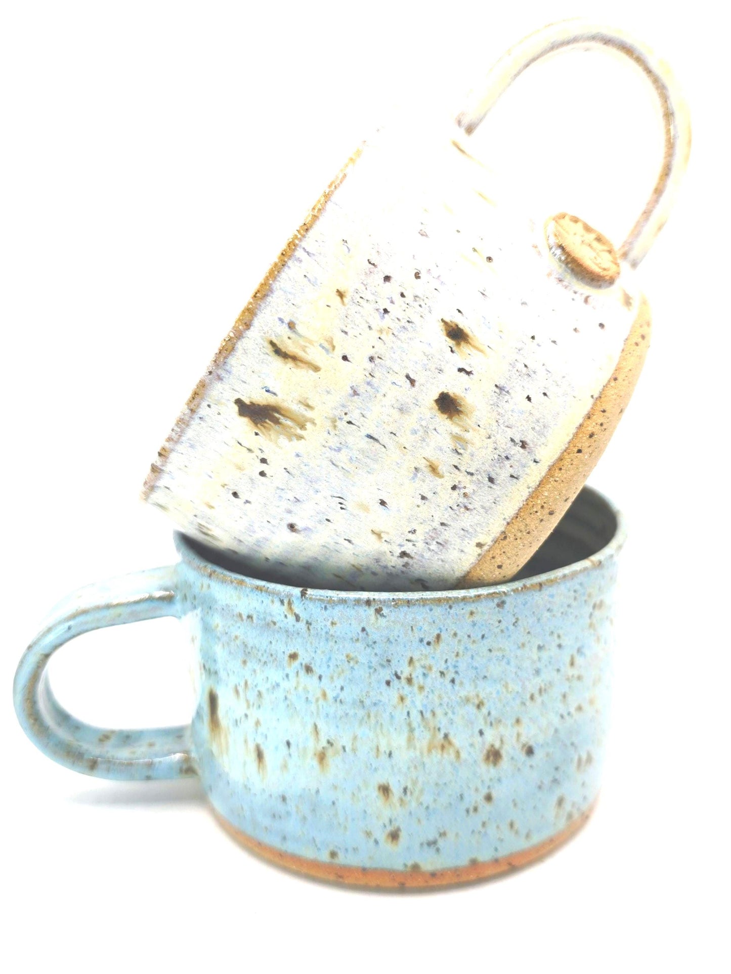 Handmade Ceramic 14oz  Cappuccino Mug. Blue & Cream Glaze, White Stoneware Pottery.