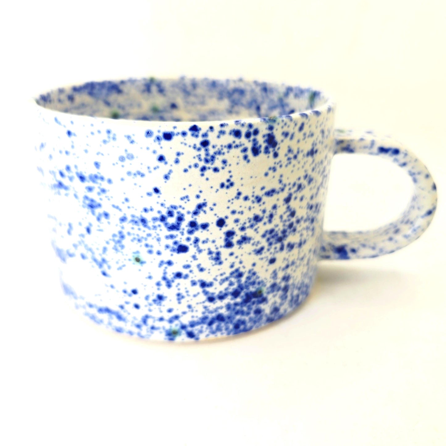 Handmade Ceramic 14oz  Cappuccino Mug, Blue & White Splatter Glaze. Stoneware Pottery.
