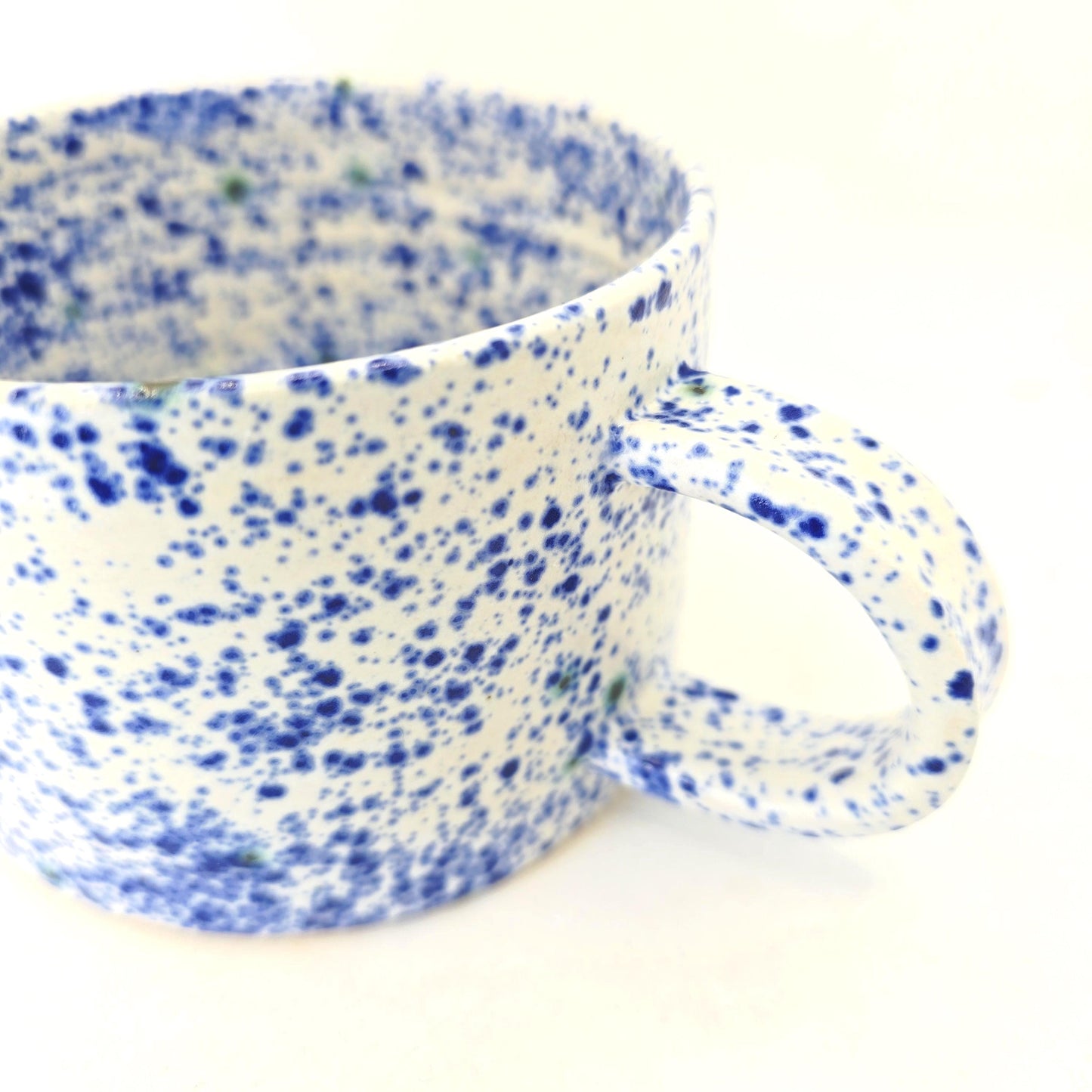 Handmade Ceramic 14oz  Cappuccino Mug, Blue & White Splatter Glaze. Stoneware Pottery.