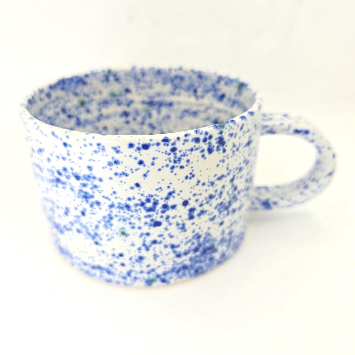 Handmade Ceramic 14oz  Cappuccino Mug, Blue & White Splatter Glaze. Stoneware Pottery.