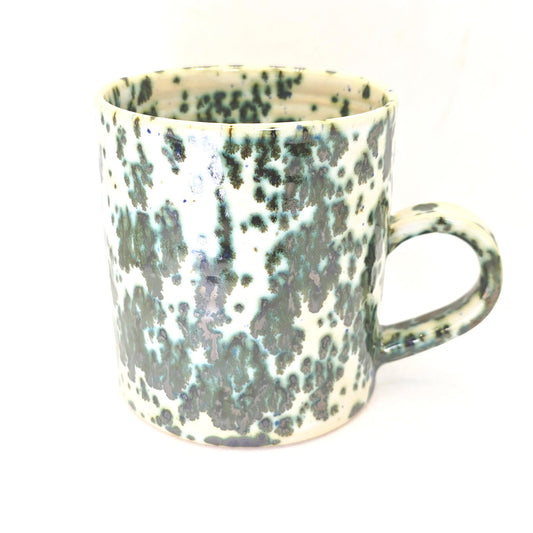 Handmade Ceramic Large 16oz Tea / Coffee Mug. Green & Cream Splatter Glaze. Stoneware Pottery.