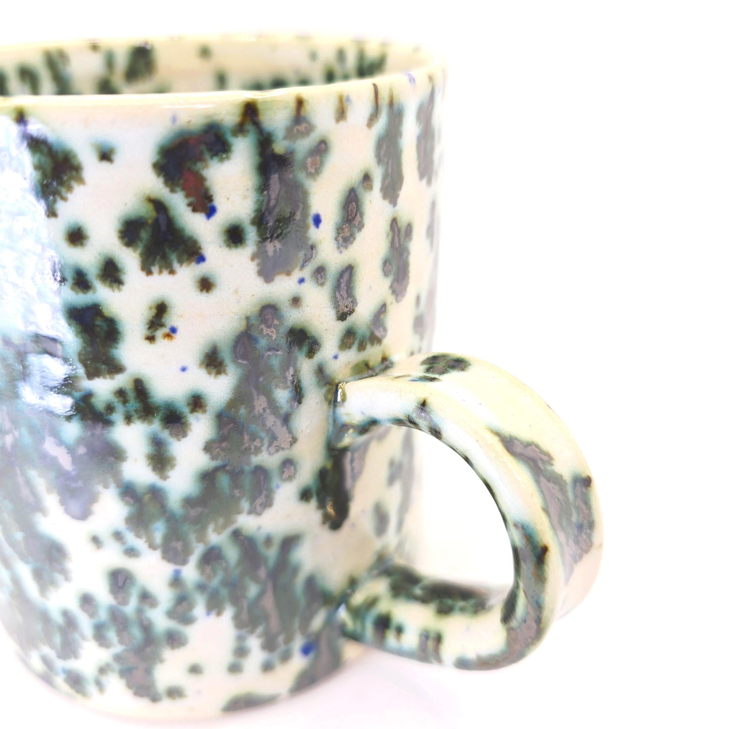 Handmade Ceramic Large 16oz Tea / Coffee Mug. Green & Cream Splatter Glaze. Stoneware Pottery.