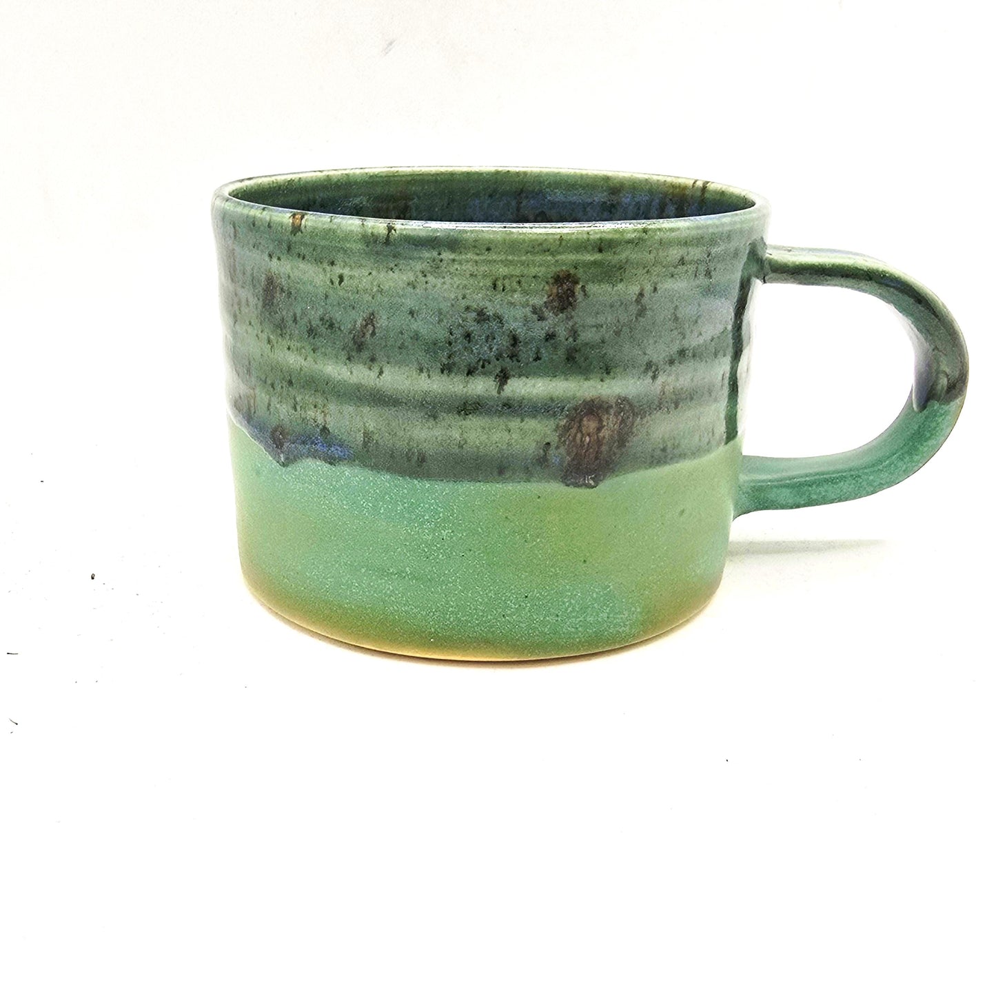Handmade Ceramic Short 8oz Tea/Coffee Mug. Verdigris & Green Glaze. Stoneware Pottery.