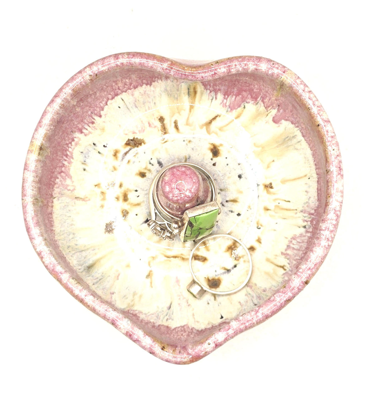 Handmade Ceramic Heart Ring Dish / Trinket Dish. Speckled Cream & Pink Glaze. Toasty Stoneware Pottery