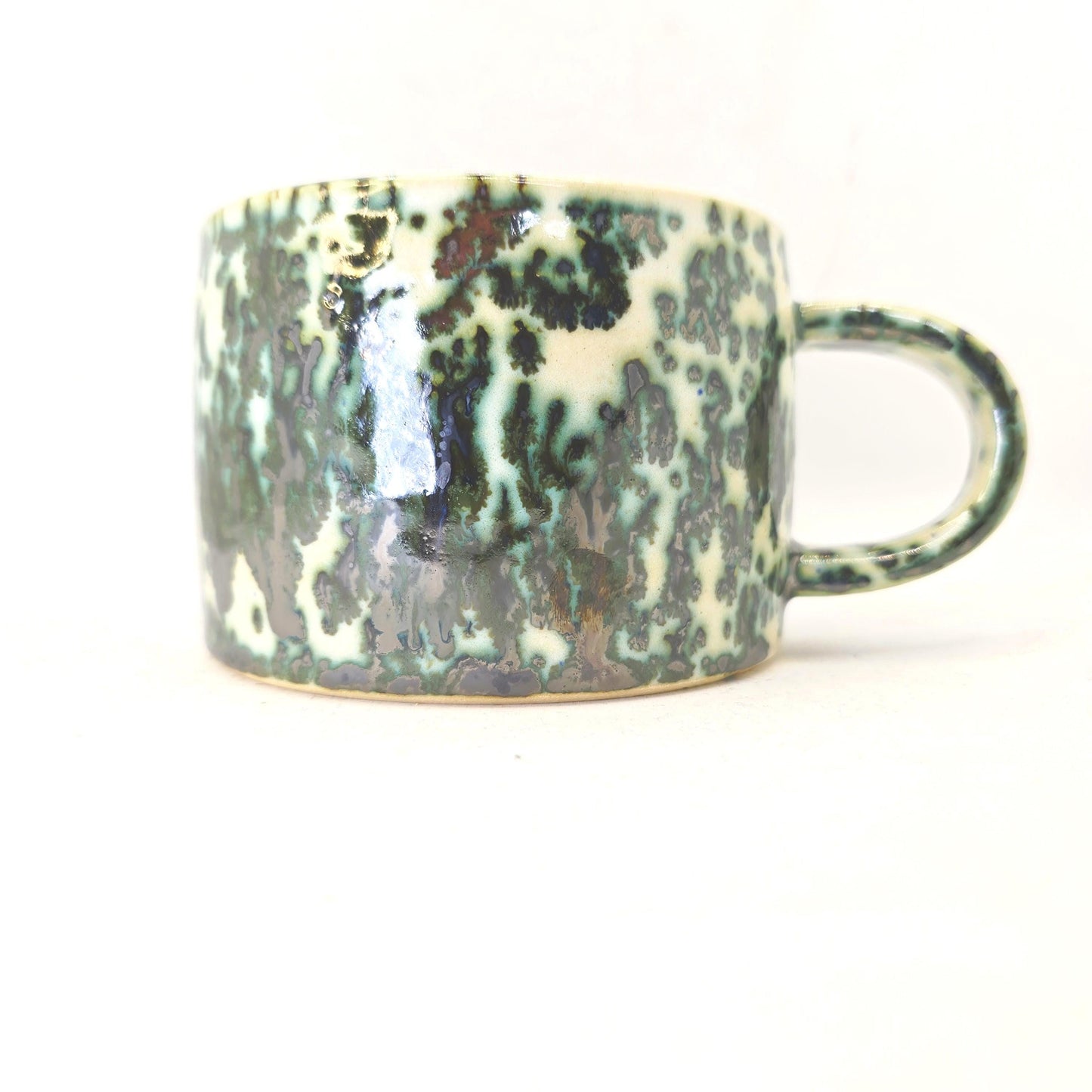 Handmade Ceramic 14oz Cappuccino Mug, Green & Cream Splatter Glaze. Stoneware Pottery.