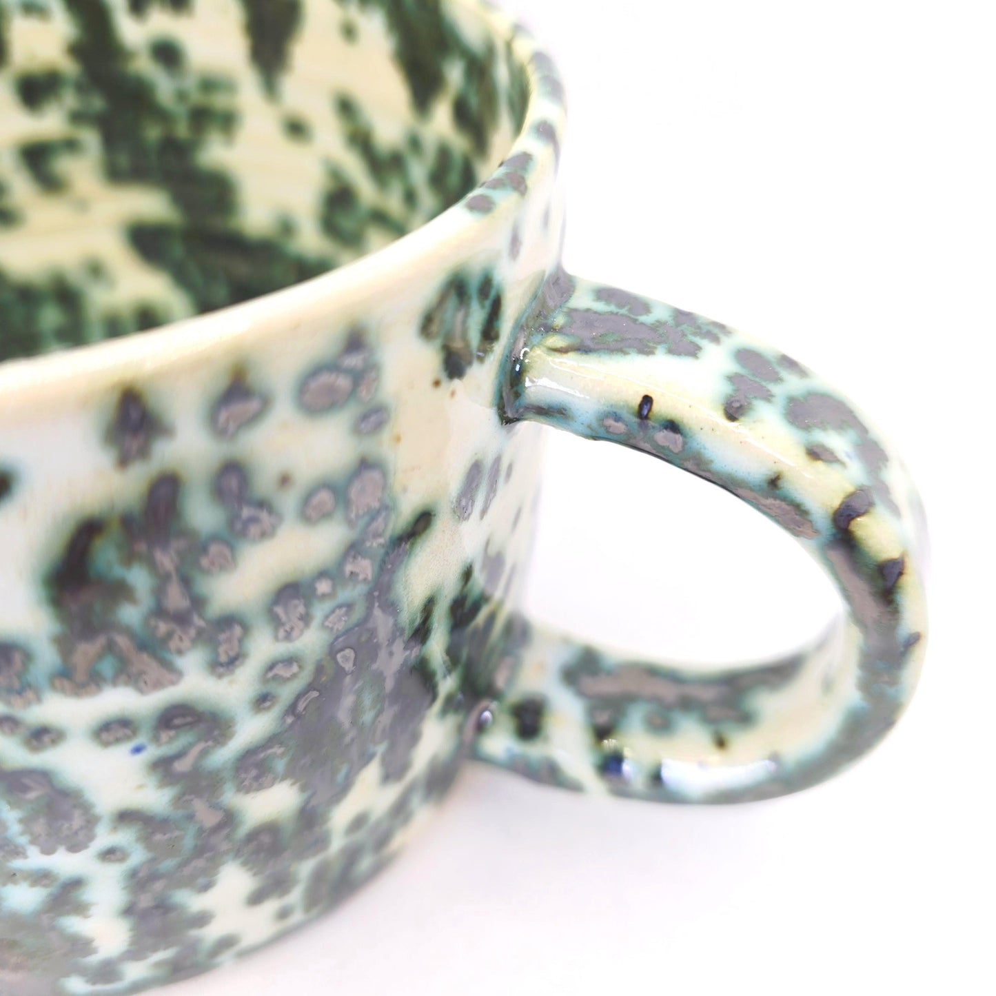 Handmade Ceramic 14oz Cappuccino Mug, Green & Cream Splatter Glaze. Stoneware Pottery.